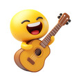 © Kakabe - A cheerful 3D yellow emoji delightfully playing an acoustic guitar isolated on transparency PNG background, depicting joy and musical passion, perfect for promoting music events, social media posts