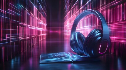 3D audio book concept with headphones, book s cover projecting a virtual library, dim ambient light, subtle neon glow, high-tech and sophisticated atmosphere