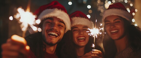 Three friends wearing Santa hats celebrate with sparklers.