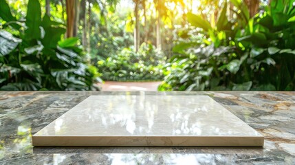 Marble Tabletop with Blurred Green Garden Background