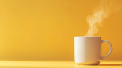 Poster - A steaming white mug on a bright yellow background, suggesting warmth and comfort.