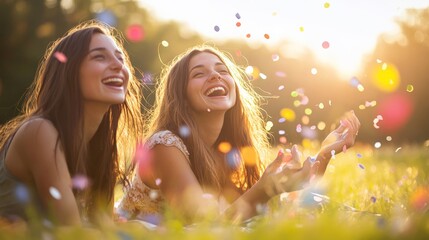 Two women laugh joyfully as colorful confetti floats around them in a bright, sunny outdoor setting, highlighting their happiness and camaraderie.