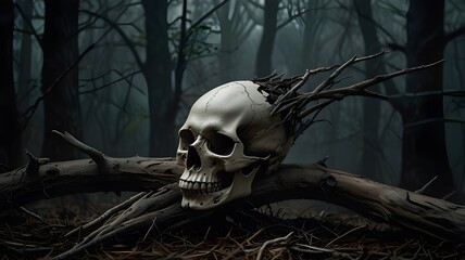 A highly realistic image of a decaying human skull, with dry branches winding through its fractures and cracks.