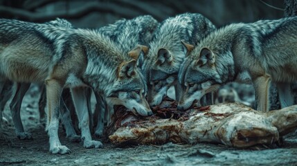 A pack of wolves feeding on a deer carcass, highlighting the role of consumers in the food web --ar 16:9 --v 6.1 Job ID: 96d4583b-d124-4568-a886-4525d03d1ae8