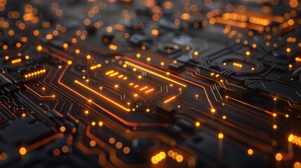 Wall Mural - Abstract Circuit Board with Glowing Orange Lines