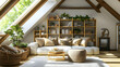 © Siasart - Cozy attic living room with natural light, plants, and modern decor.