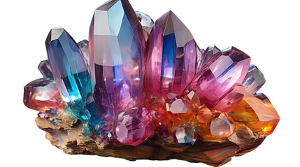 Amazing colorful rainbow aura crystal cluster, studio view, isolated on transparent background.