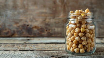 Wall Mural - Chickpeas in a glass jar on a wood surface with room for text