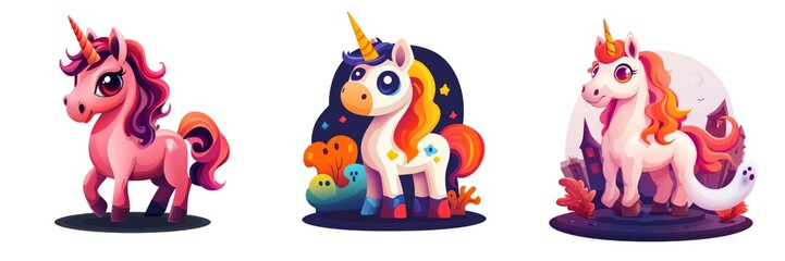 Three colorful unicorns, each with unique designs and features, perfect for children's art and fantasy themes.