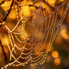 Wall Mural - A spider web covered in morning dew with a blurred background of warm light.