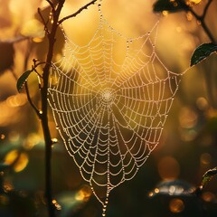 Wall Mural - A spider web glistening with morning dew hangs in the golden light of sunrise.