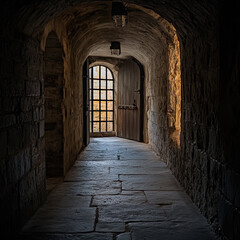 Dimly lit stone corridor with a metal gate.