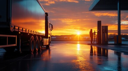 A truck refueling at sunset, casting reflections on the wet ground.