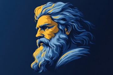 A profile portrait of a bearded man with long flowing hair. The man's face is drawn in a realistic style with a determined expression. The background is a deep blue color.