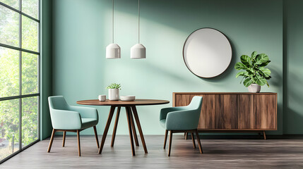 Modern dining area with a round table, chairs, and decorative elements.