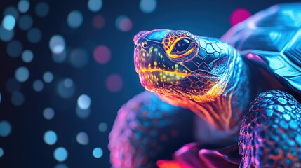 Wall Mural - A vibrant close-up of a turtle with colorful lighting against a blurred background.