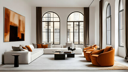 Modern living room featuring elegant furniture and large windows.