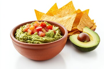 Guacamole Bowl with Avocado and Nachos: Mexican Traditional Snack on White Background