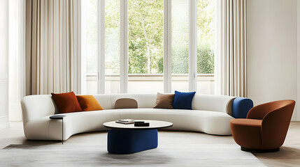 Modern living room with a curved sofa, colorful cushions, and a minimalist coffee table.