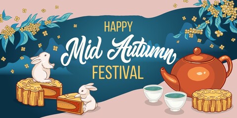 Korean Mid autumn festival poster, background, greeting card, book cover vector set collection Mid Autumn Festival with Moon cake and Chinese tea .