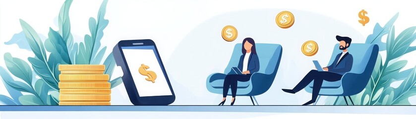 business professionals using smartphones for financial transactions with virtual coins and digital b