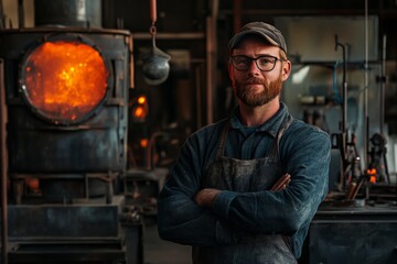 Aufkleber - A spectacled man stands confidently with his arms crossed in front of a glowing furnace, showcasing an industrial workshop environment.