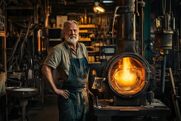 Aufkleber - An elderly man stands confidently with his hand on his hip in an industrial workshop environment with a glowing hot furnace behind him.