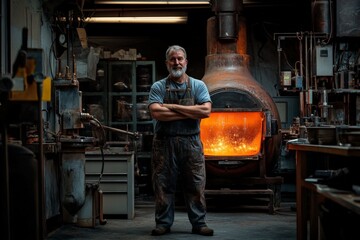 Aufkleber - A man in a blue shirt with folded arms stands confidently in an industrial workshop, in front of a brightly glowing kiln, representing craftsmanship and skill.
