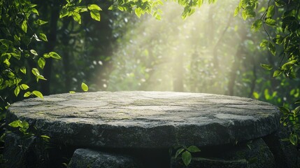 Canvas Print - Stone Platform in Lush Green Forest with Sunlight