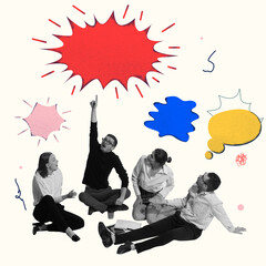 Wall Mural - Team sitting on floor and brainstorming, with vibrant speech bubbles overhead. Discussion is full of dreams and innovative ideas for professional growth . Contemporary art collage. Concept of business