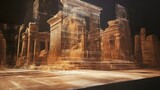 A holographic projection of an aged and weathered historical monument showcasing the intricate architectural details and the passage of time