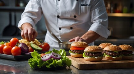 Chef Preparing Freshly Made Burgers with Toppings