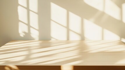 Poster - Light and Shadow on Wooden Tabletop with Window Reflection