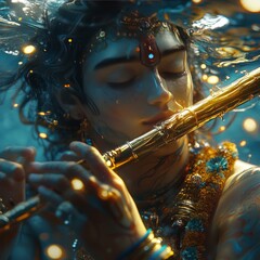 A young man with closed eyes plays a flute underwater, surrounded by glowing lights.