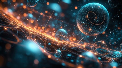 Wall Mural - abstract representation of cosmic spheres and energy flows in a vibrant digital landscape.