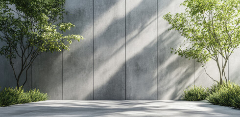 Sticker - 3D rendering of a grey wall with a concrete surface in a modern garden