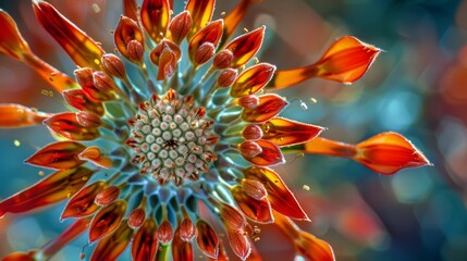  A tight shot of a red and yellow bloom, surrounded foreground by softly focused blue and yellow blossoms