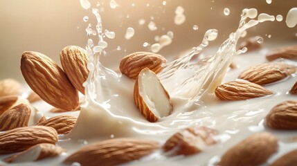 Wall Mural - Whole almonds splashing into milk, Generative AI