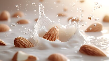 Wall Mural - Whole almonds splashing into milk, Generative AI