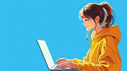 Beautiful girl in a yellow hoodie is smiling and typing on a laptop, bright blue background, anime style, vector illustration, high resolution, high detail, digital art