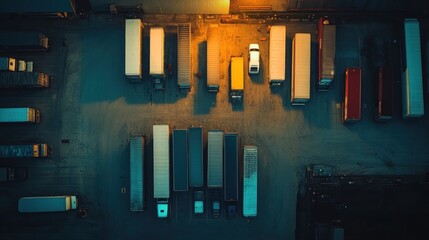 Wall Mural - Aerial view of a truck parking lot with various trailers and a single vehicle illuminated.