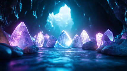 Enchanting Crystal Cave with Glowing Purple and Blue Crystals Illuminated by Ethereal Light