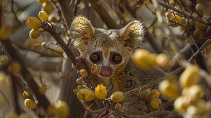 Sticker -  A tight shot of a small animal perched on a tree branch, holding fruit in its rear end