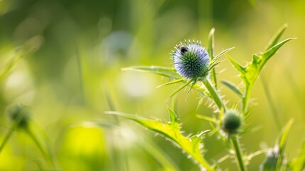  A tight shot of a plant featuring a bug perched atop its leaf, backed by an indistinct swath of grass