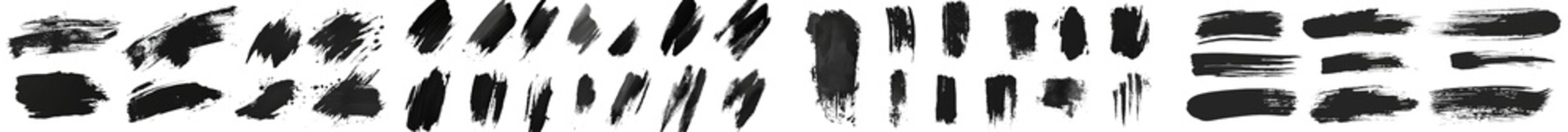 Aufkleber - Brushstrokes and paintbrush template with grunge splashes. Modern set black ink brush strokes. Splatters of dirt, dirty stain, ink box with blots of ink.
