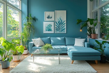 Wall Mural - Modern Living Room Interior Design with Blue Walls, Sectional Sofa, and Plants