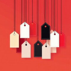 Wall Mural - Hanging Price Tags on Red Background.