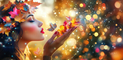 Canvas Print - A beautiful woman with autumn leaves on her head, blowing in the wind. Vibrant colors, a magical background