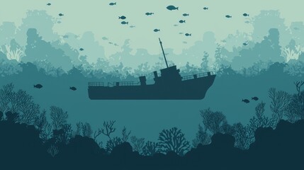 Sticker - Silhouetted Shipwreck in Ocean with Coral Reef and Fish