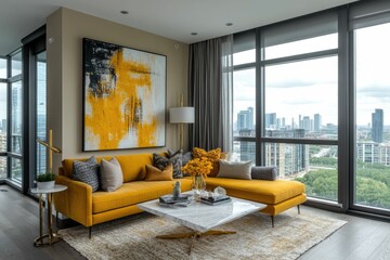 Wall Mural - Modern Living Room with Cityscape View